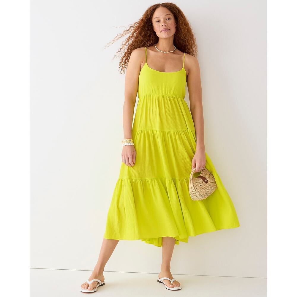 NWOT JCrew Neon Chartreuse Midi Dress Tiered Flowy Cottagecore Euro Summer Large